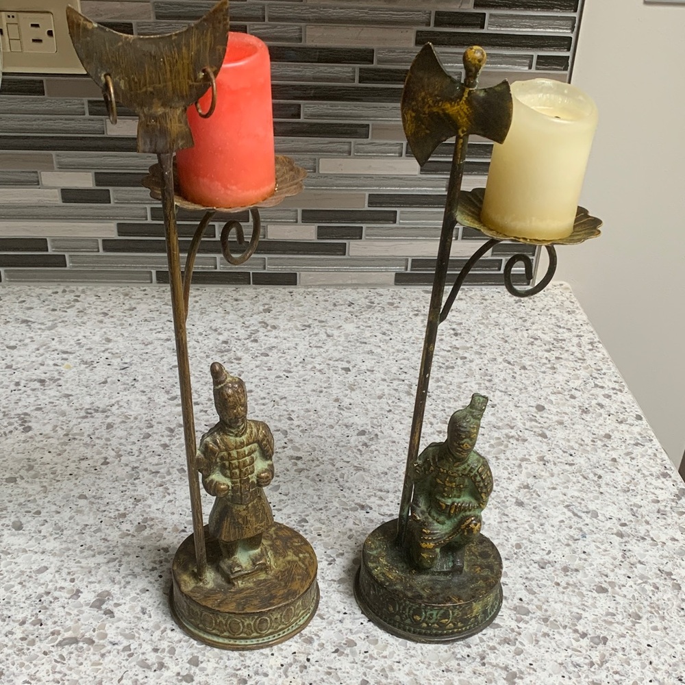 Antique Bronze Warrior Candle Holders, set of 2 . Chinese style.Great collection